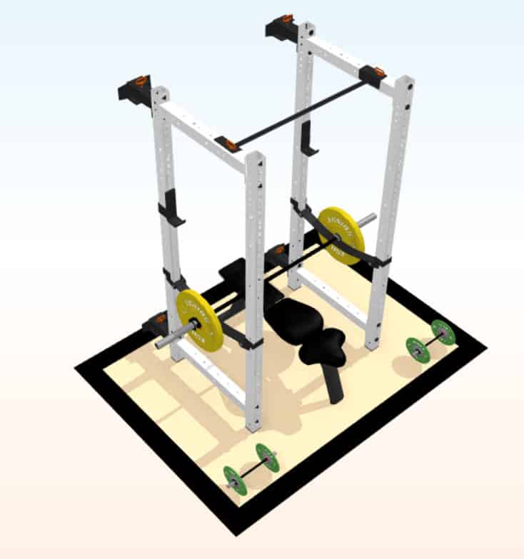 3D Floor plan of a squat rack and bench in a small space.